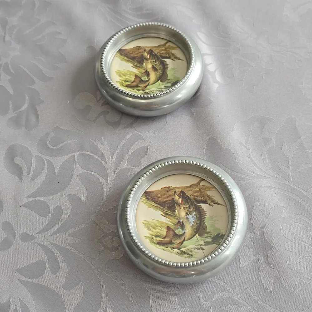 Vintage Set Of 4 Fred Sweney Coasters Birds Fish Metal Glass Barware Rustic